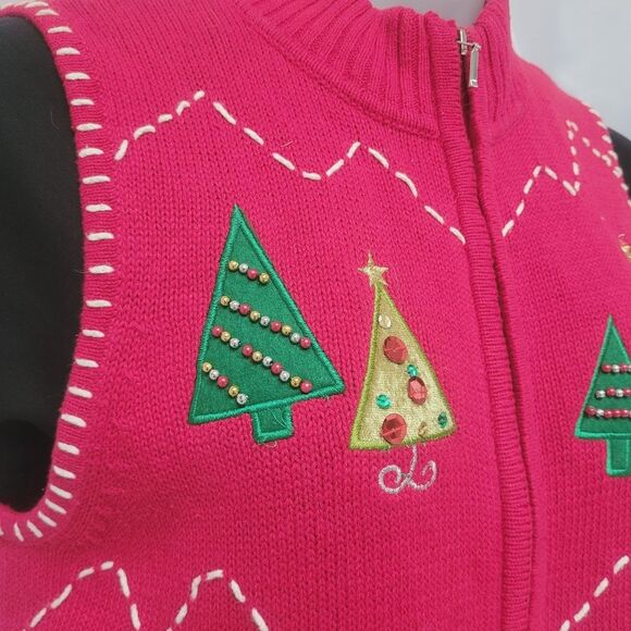VTG Karen Scott Ugly Christmas Sweater Vest Red Xmas Trees Bling Full Zip Medium - Picture 3 of 10